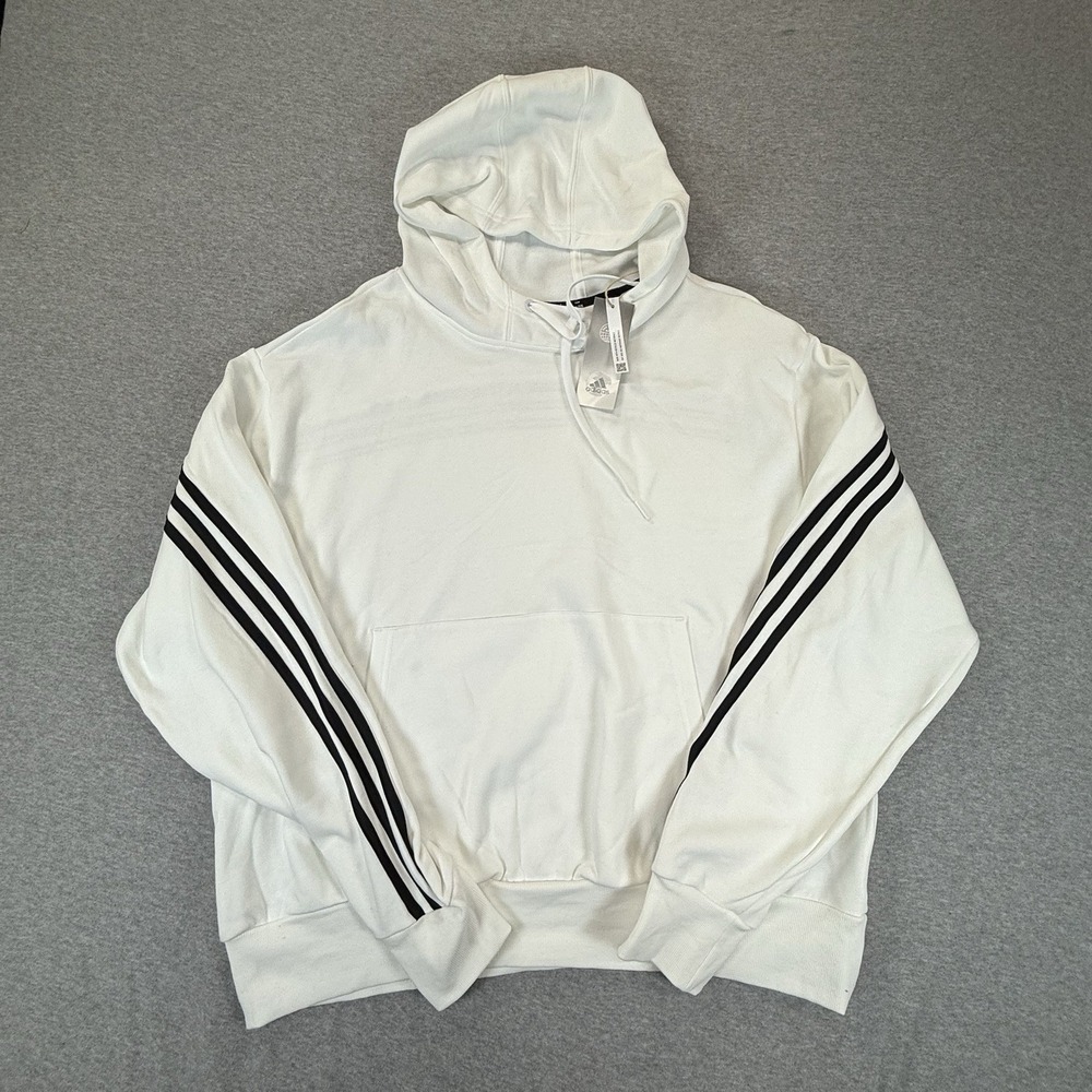 Adidas White Hooded Crop Pullover Sweatshirt 3 Stripe Sleeves Men’s 2XL